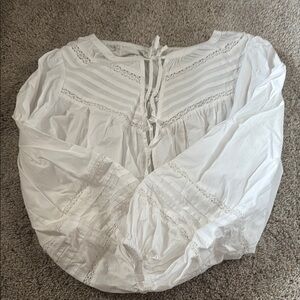 Aerie White Sleeve Smocked Blouse with Tie Front